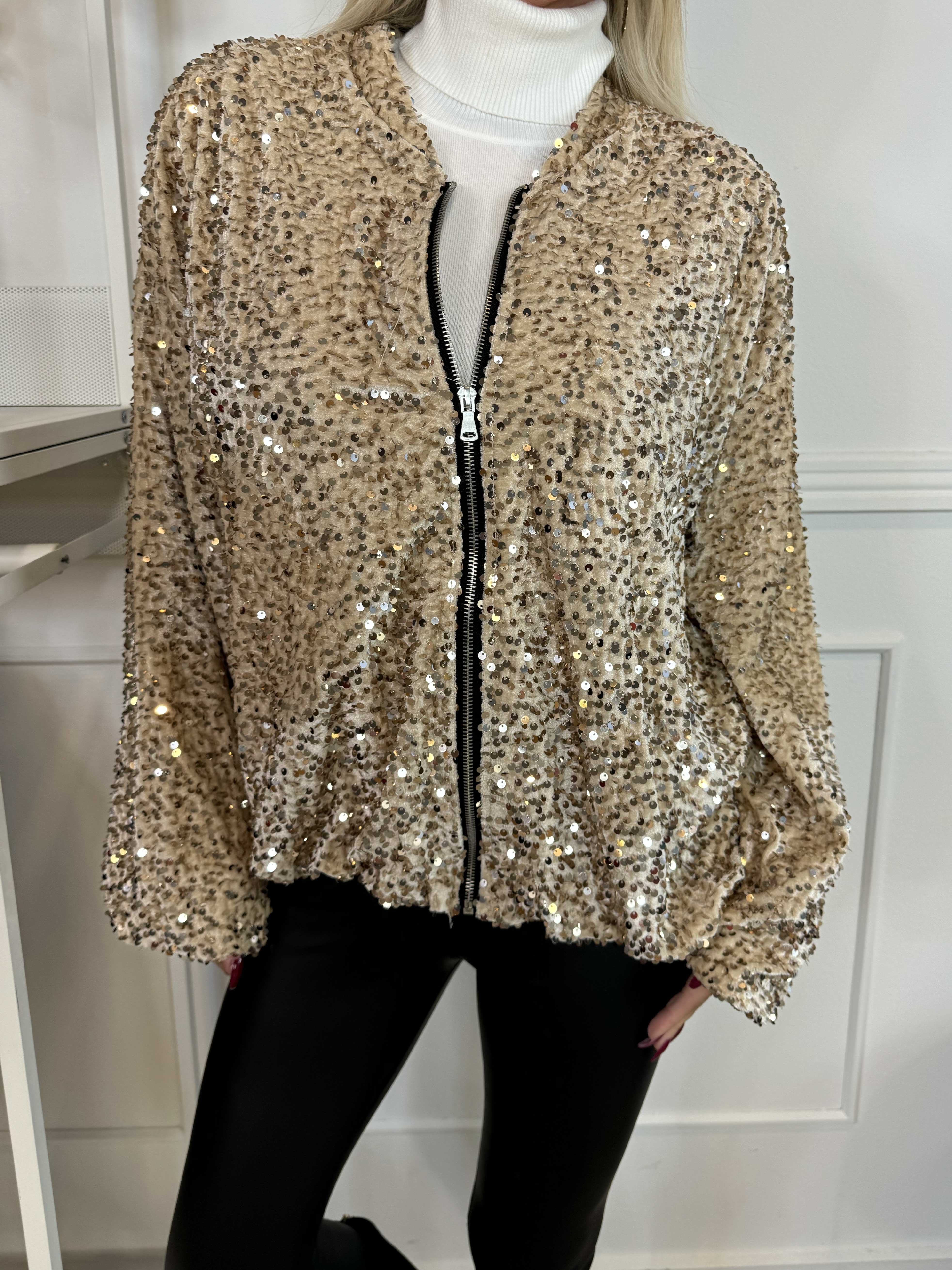 Francini - Velourtröja med paljetter och dragkedja